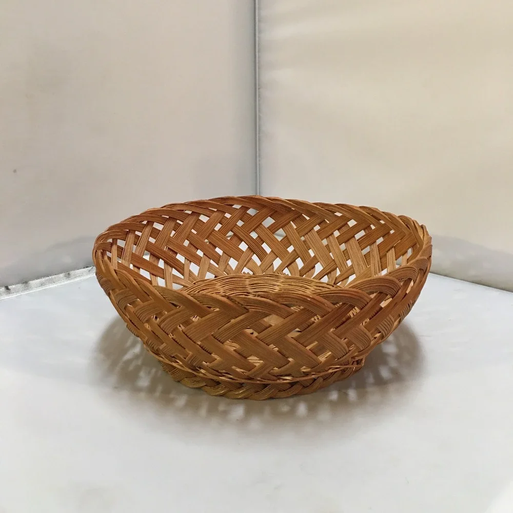 Woven Bamboo Basket Home Decor Medium Brown Round Lattice Weave Cottagecore